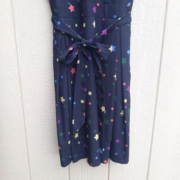 Eshaki Rainbow Star Modest Midi Tie Waist Dress Cap Sleeve Scoop Full Sz 10 - Picture 5 of 8